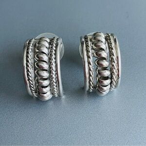 Vintage Sterling Silver Rope & Spiral Design Wide Half Hoop Earrings